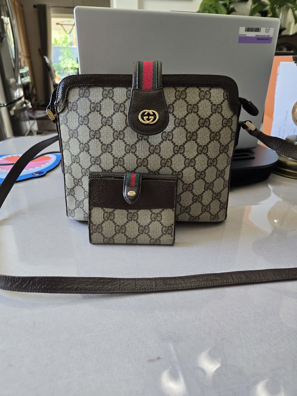Gucci Brown GG Supreme Messenger with Green-Red Web.Comes With Wallet